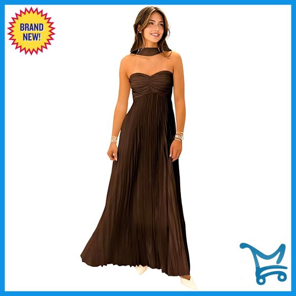 Satin Strapless Pleated Formal Evening Gown Maxi Dress with Scarf Elegant